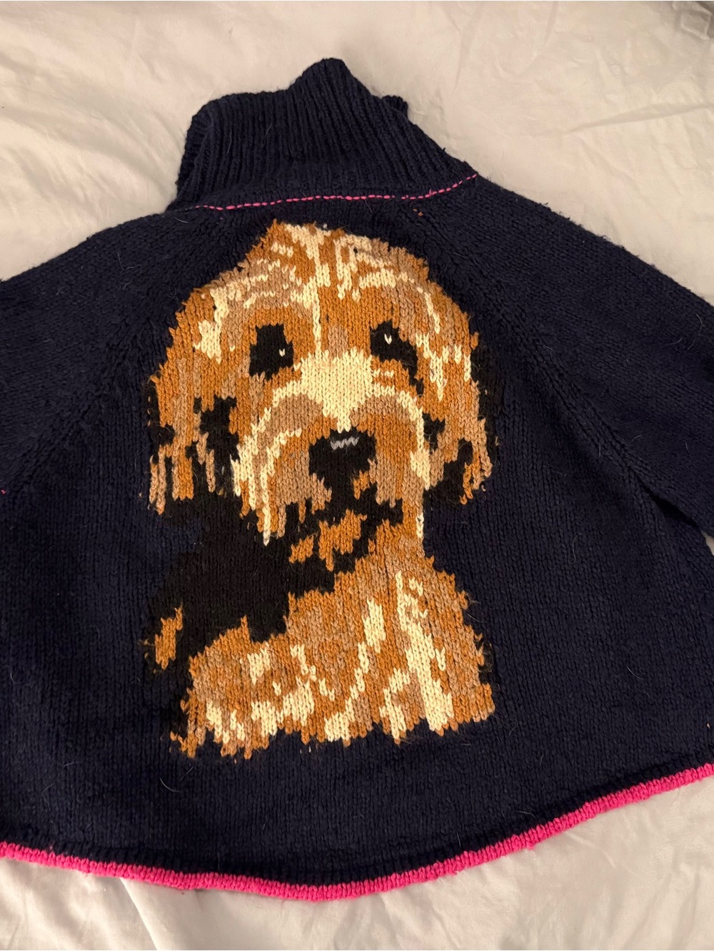 Anthropologie Pilcro Navy Knit Dog Intarsia Sweater with Pink Trim